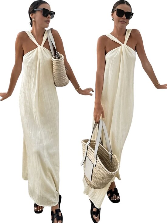 Commense Dresses & Skirts - Commense Creamy Halter Long Maxi Dress Women's Small Ivory Textured Flowy Beach